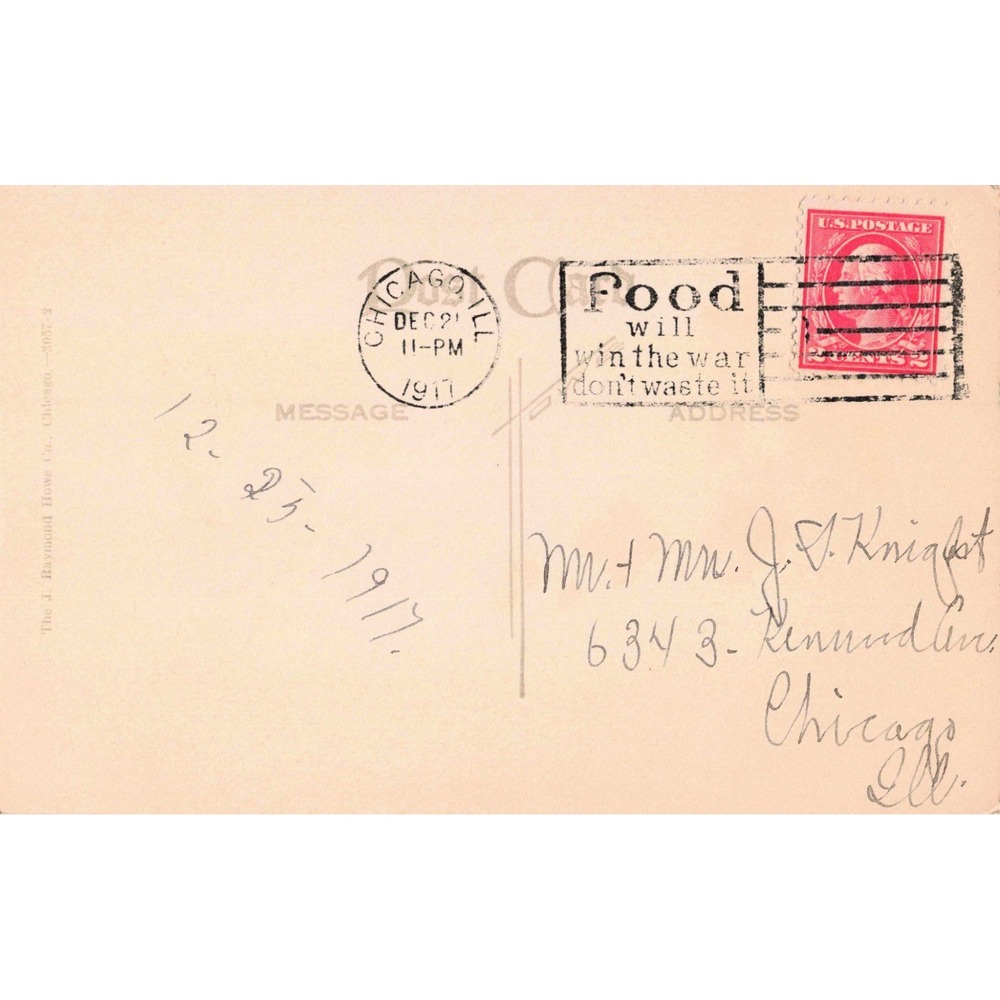 Vintage 1917 Christmas Postcard WWI Era 2 Cent Stamp Chicago Postmark VG - Picture 2 of 2